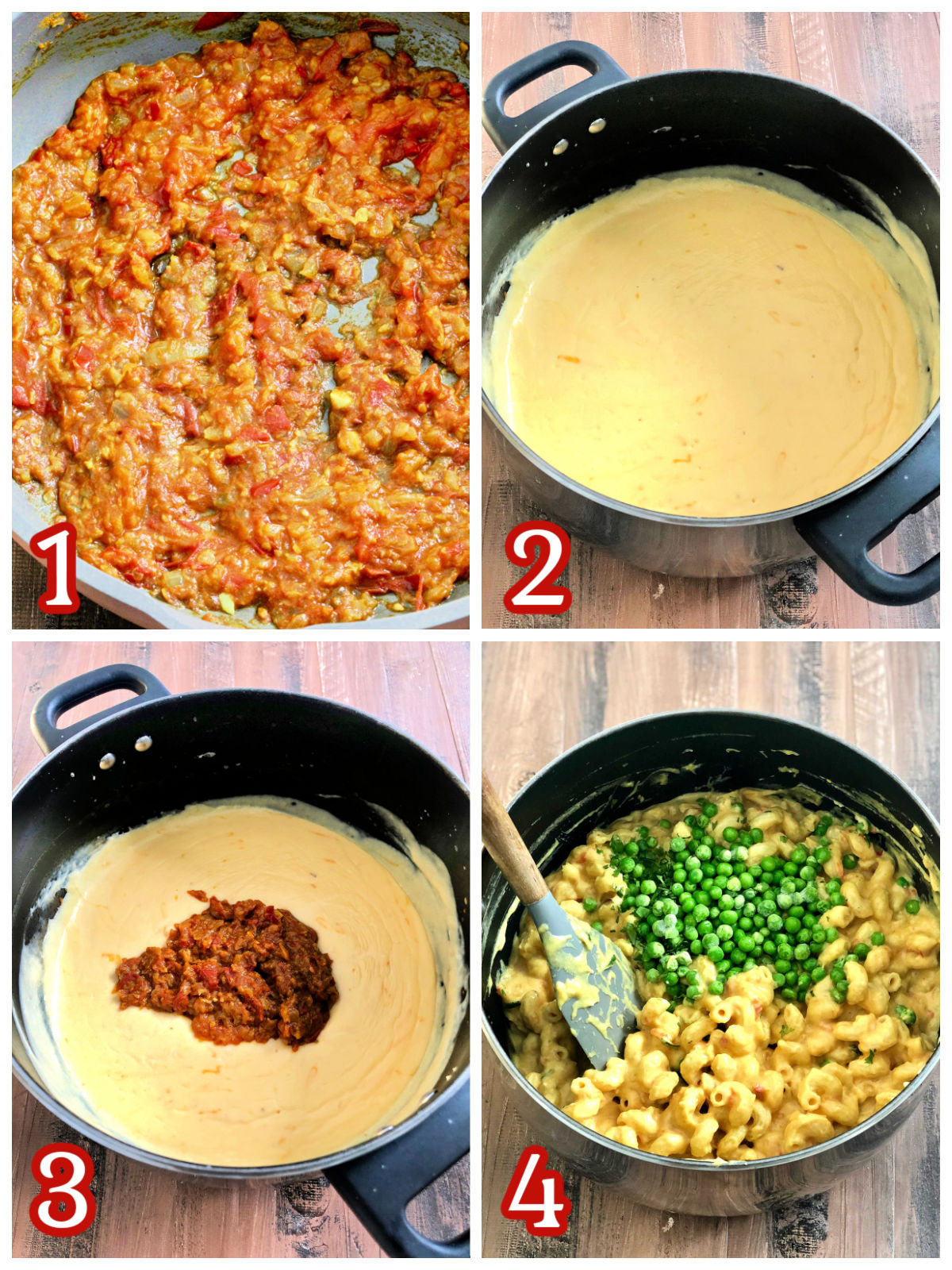 Steps 1-4 for making masala mac and cheese.