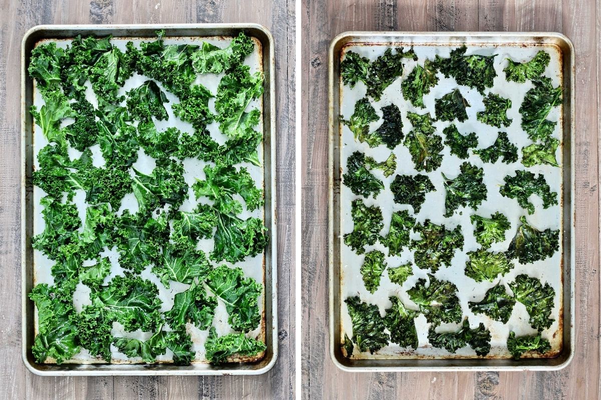 Kale chips on sheet pan- before and after baking.