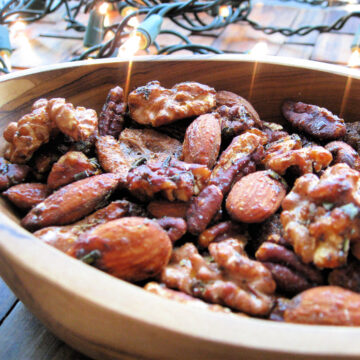 emary and Honey Glazed nuts in wooden bowl