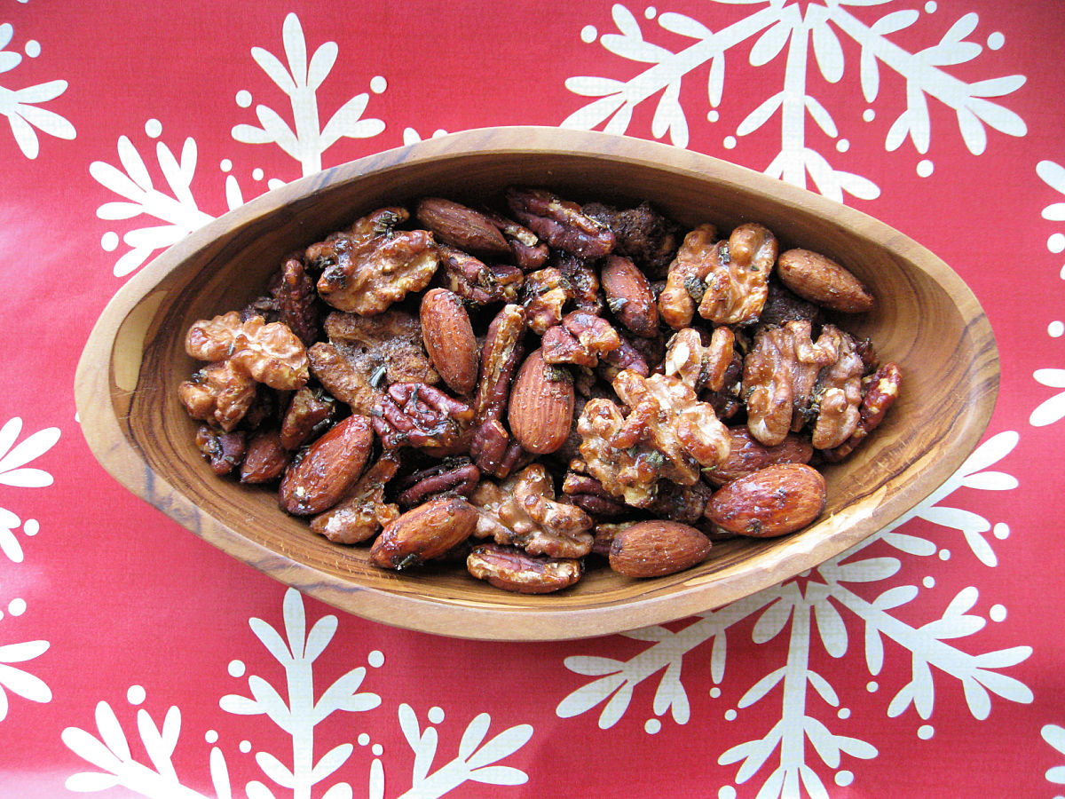 Rosemary and Honey Glazed nuts in wooden bowl
