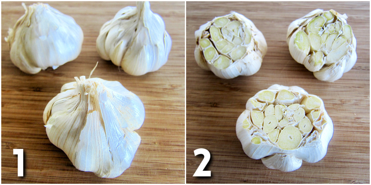 First and second steps to make roasted garlic