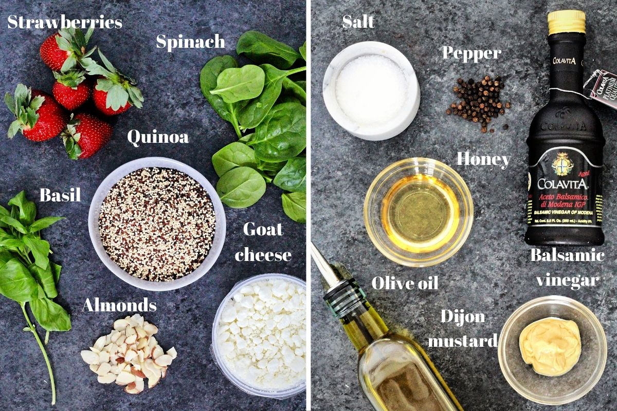 Ingredients for quinoa salad and dressing on a gray board.