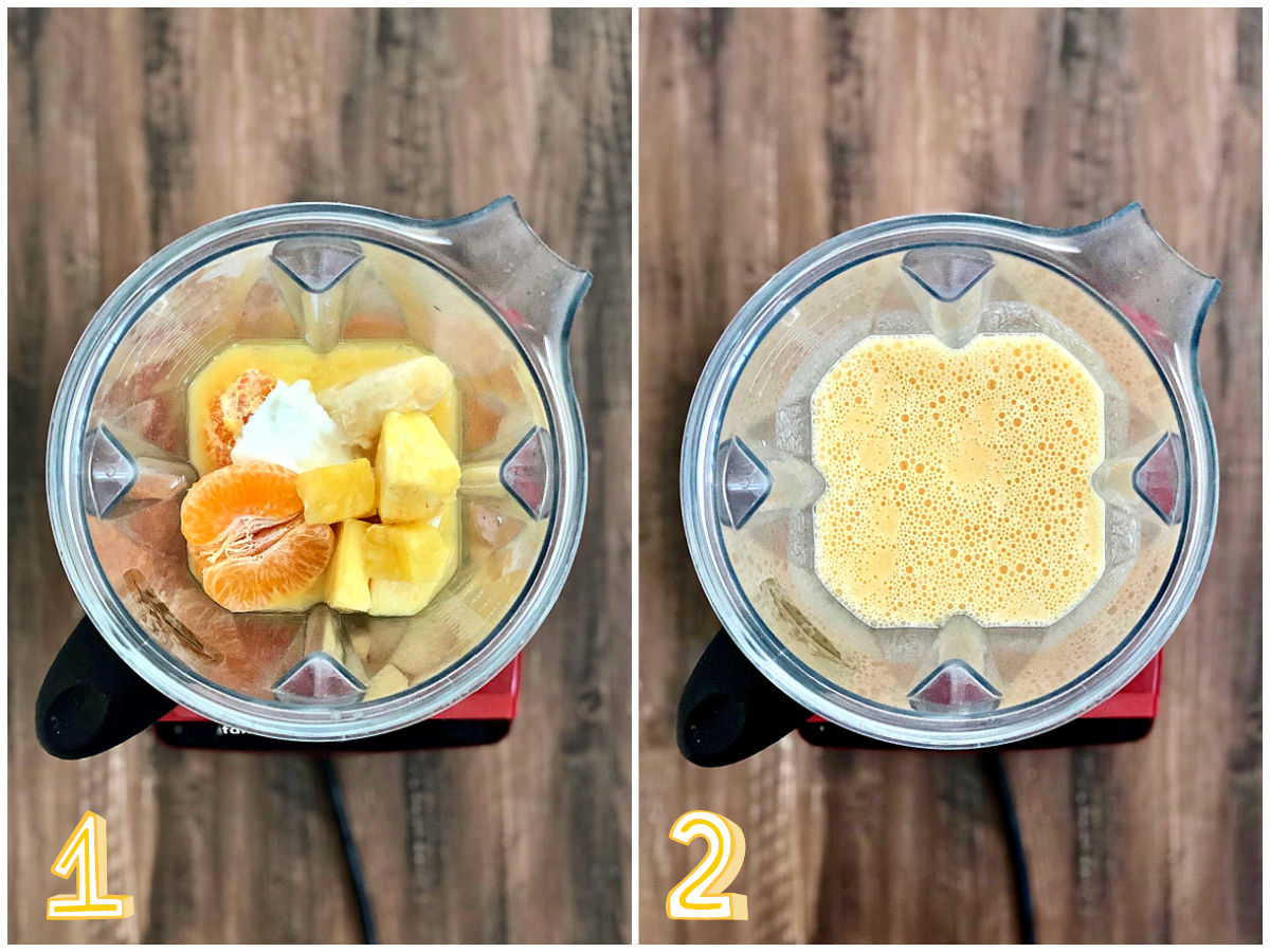 Two photo collage of smoothie ingredients in a blender before and after.