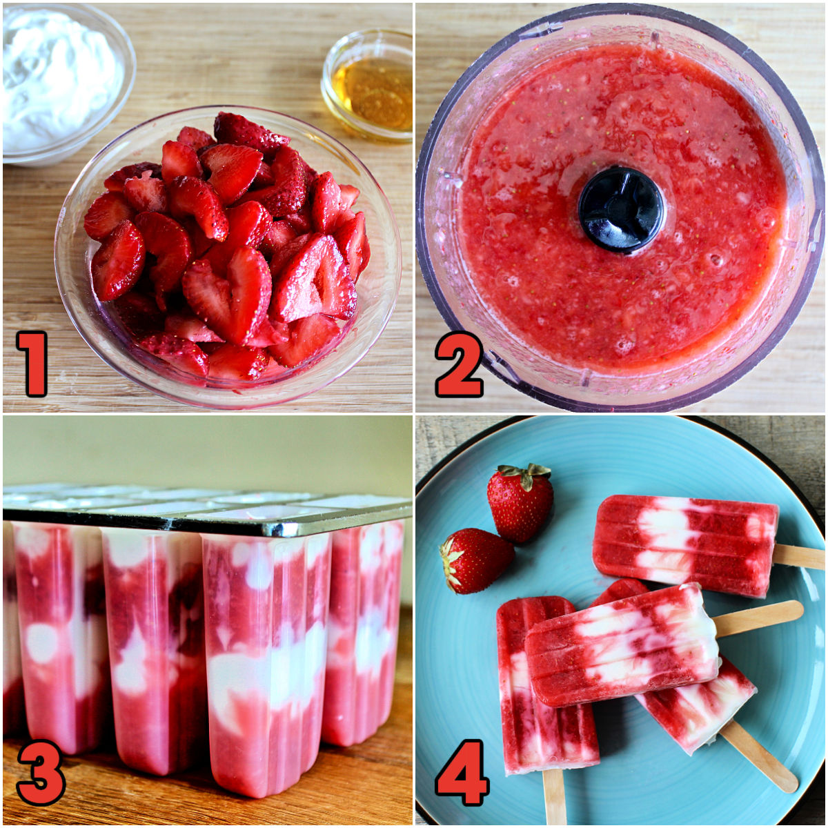 Collage of steps 1-4 for how to make Strawberry Greek yogurt popsicles.