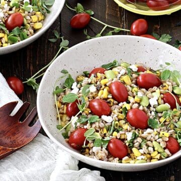 Everything you need to know about whole grains along with the recipe for this healthy and flavorful Farro Salad with Corn, Tomatoes and Edamame
