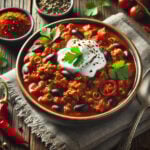 A bowl of turkey pumpkin chili with a dollop of sour cream.