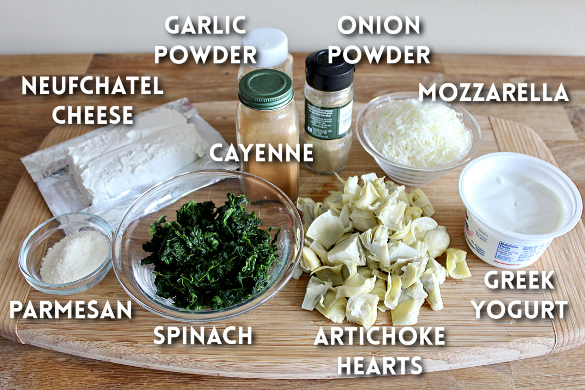 Ingredients for making healthy spinach artichoke dip