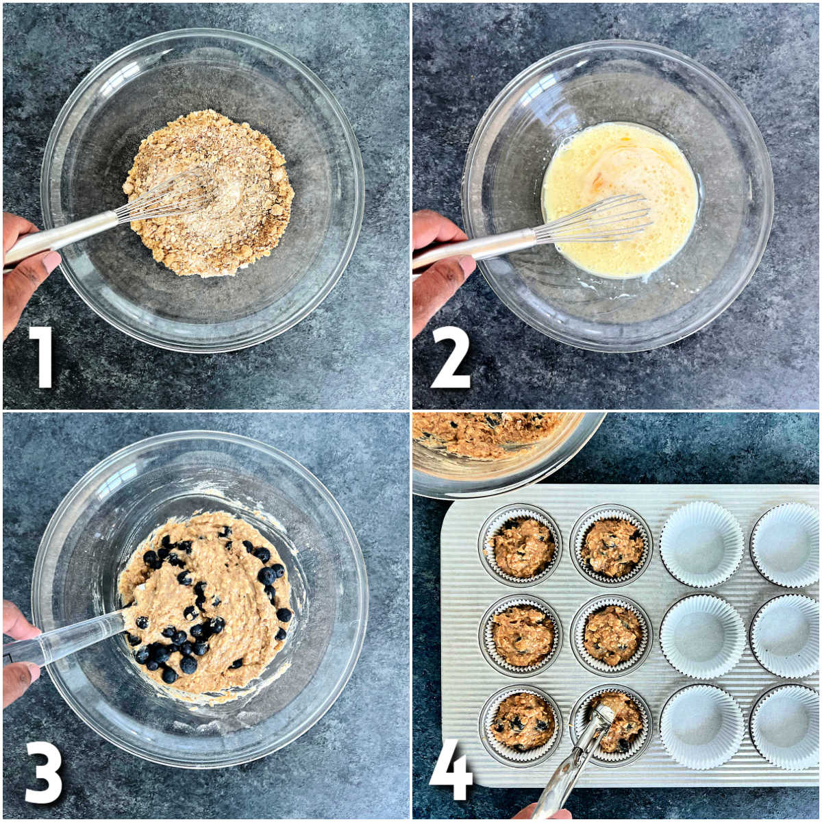Steps for making flaxseed muffins.