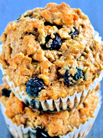Stack of two flaxseed muffins.