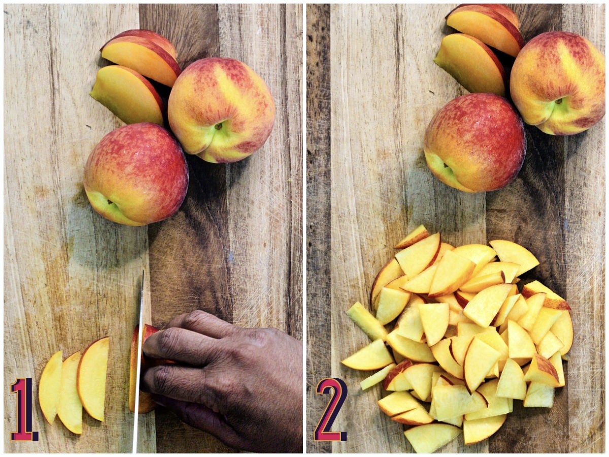 Recipe steps 1-2, slicing peaches.