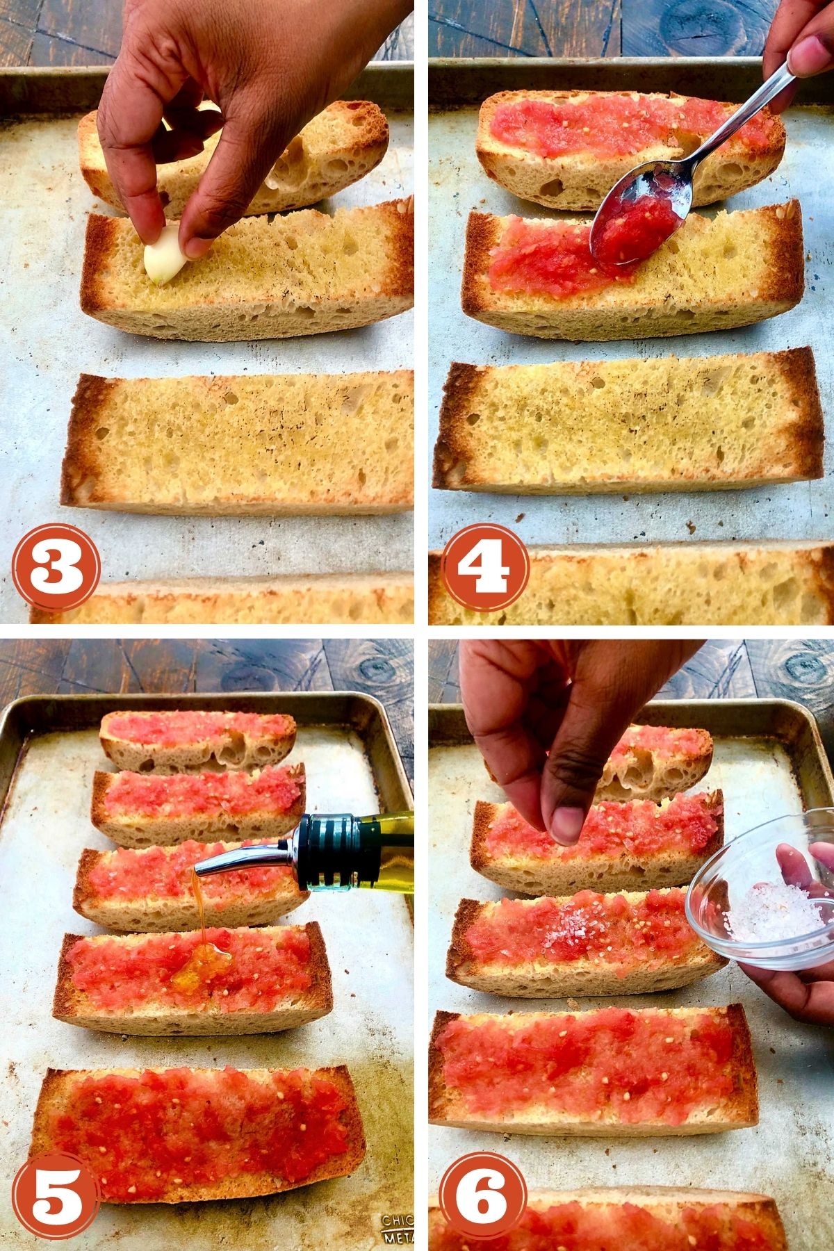 Collage of steps 3-6 for making pan con tomate.