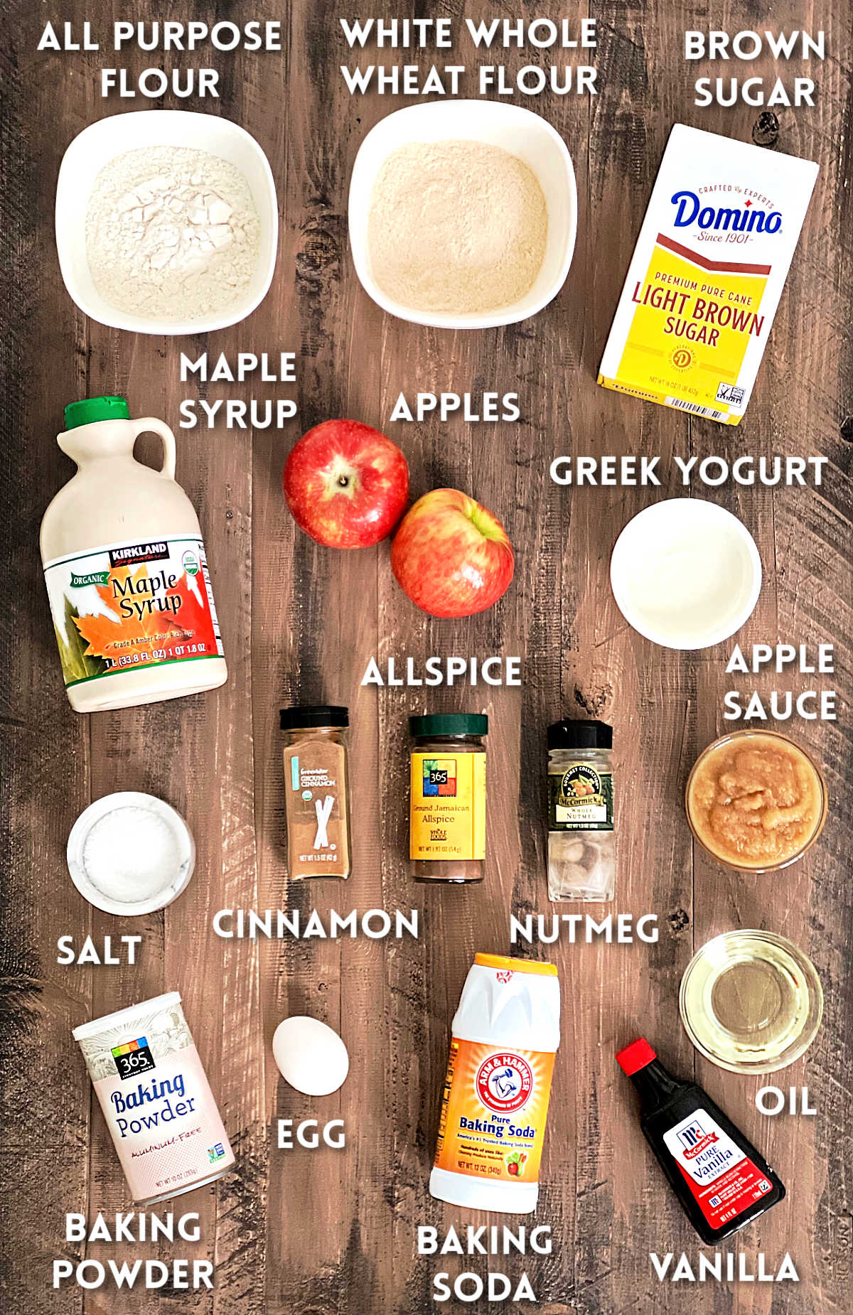 Ingredients for spiced apple muffins.