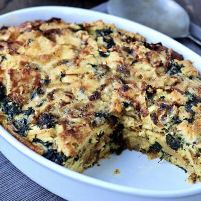 Naan Bread Pudding with Spinach and Caramelized Onions