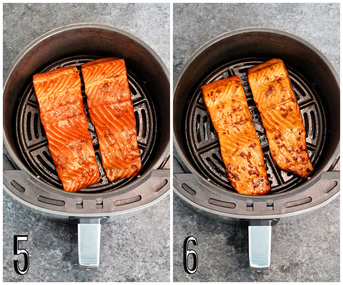 salmon in the air fryer before and after cooking.