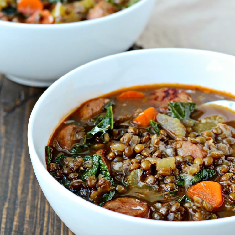 Lentil Soup with Sausage and Greens | @foodiephysician