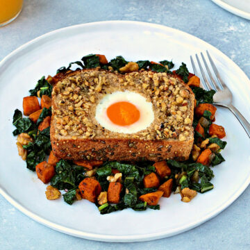 Walnut-Crusted Toad in a Hole with Sweet Potato & Kale Hash