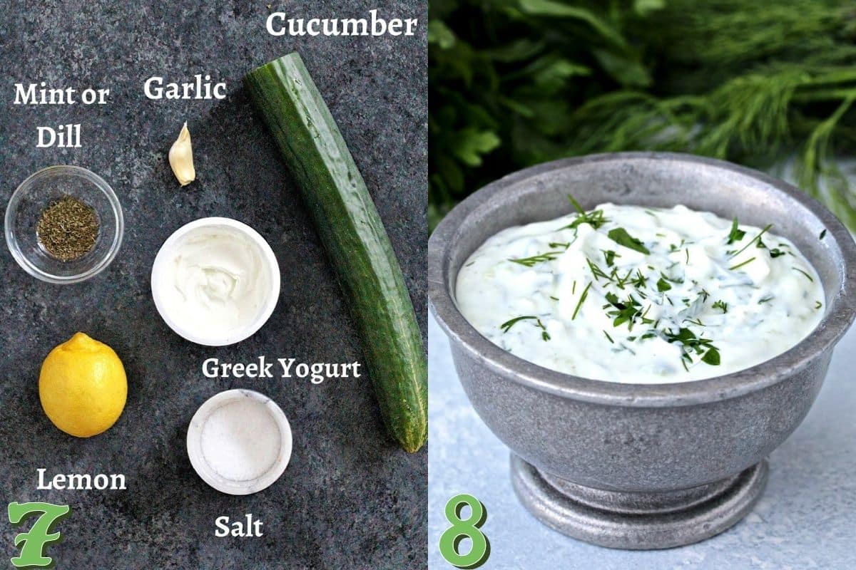 collage of tzatziki sauce with ingredients and sauce in a silver bowl