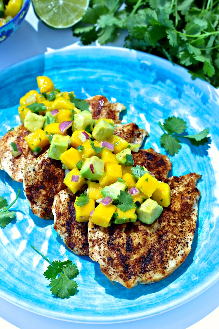 Grilled Spiced Chicken with Mango Avocado Salsa | @foodiephysician