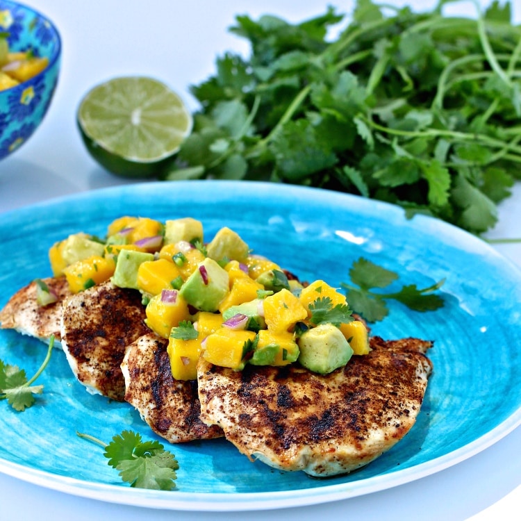 Grilled Spiced Chicken with Mango Avocado Salsa | @foodiephysician