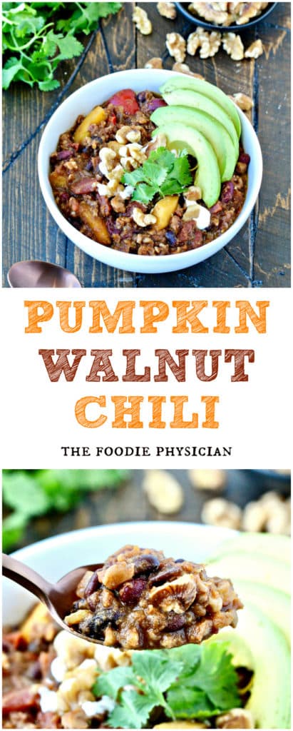 Whether you’re making dinner for the family or feeding a crowd, a hearty bowl of this Pumpkin Walnut Chili is sure to be a hit! #TeamGoodFat | @foodiephysician