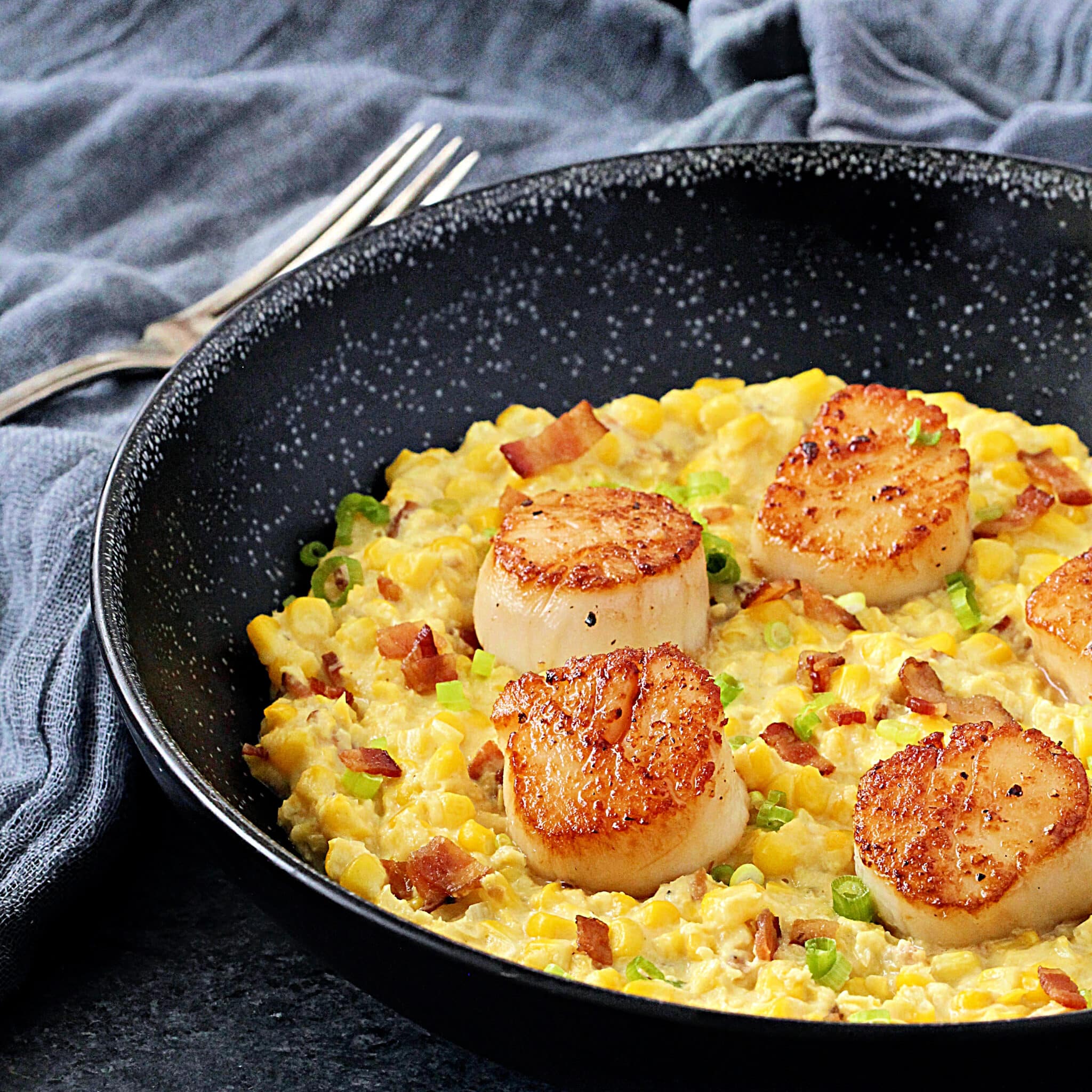 Seared Scallops with Creamy Corn and Bacon