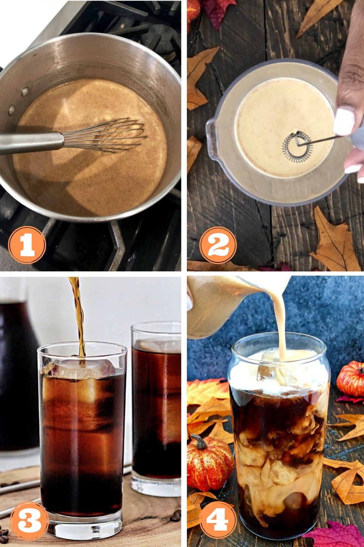 Collage of steps 1-4 how to make pumpkin cream cold brew.