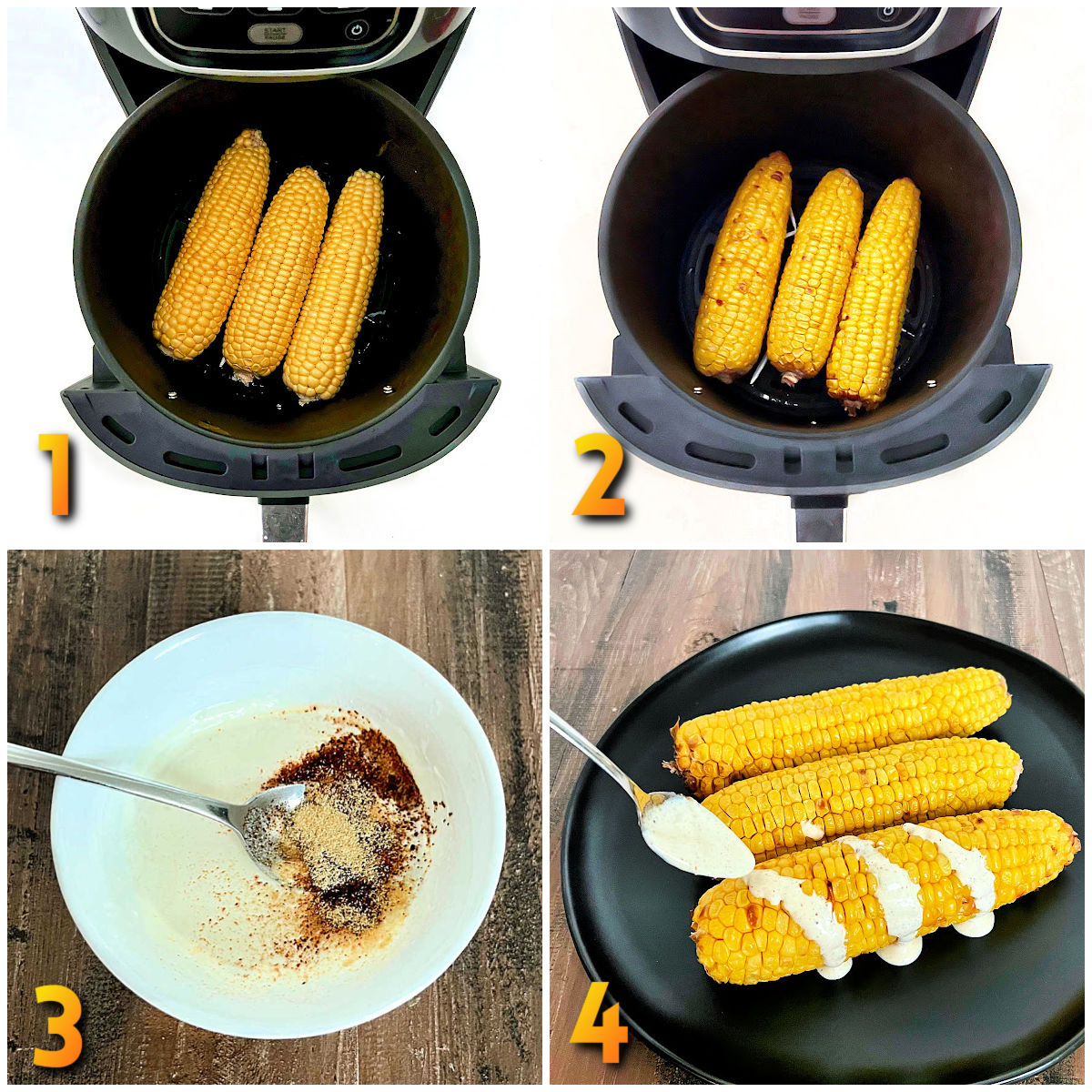 Steps 1-4 how to make air fryer corn on the cob.
