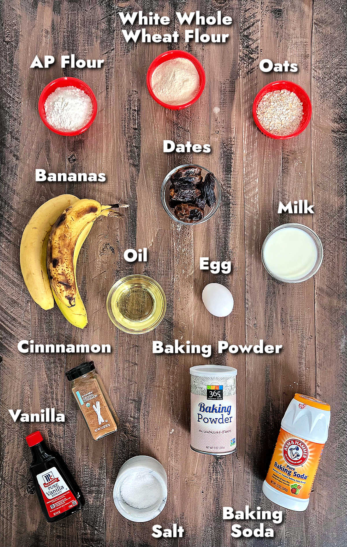 Ingredients for banana date muffins.