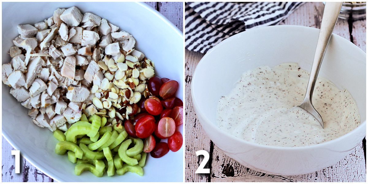 Steps for making chicken salad with grapes and almonds.