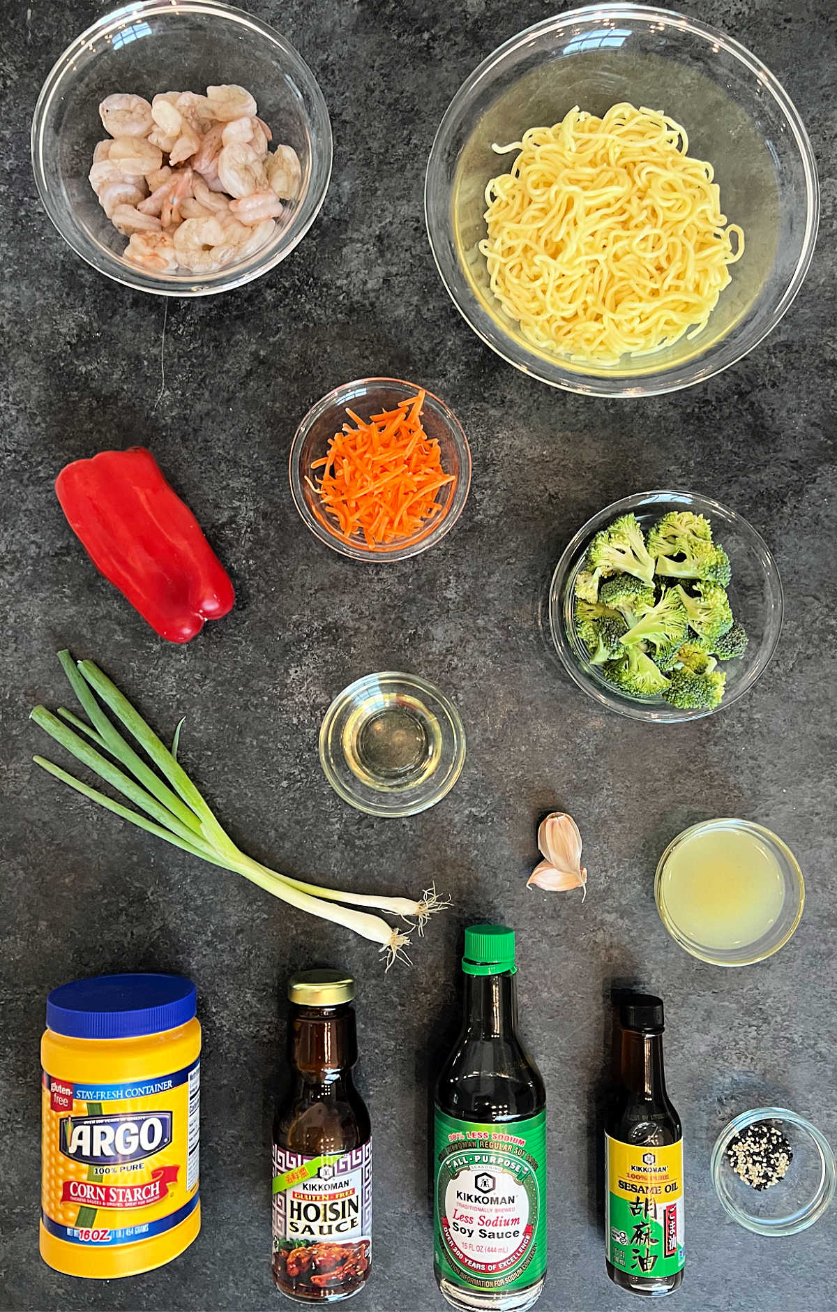 Ingredients for making Shrimp Stir Fry with Noodles.
