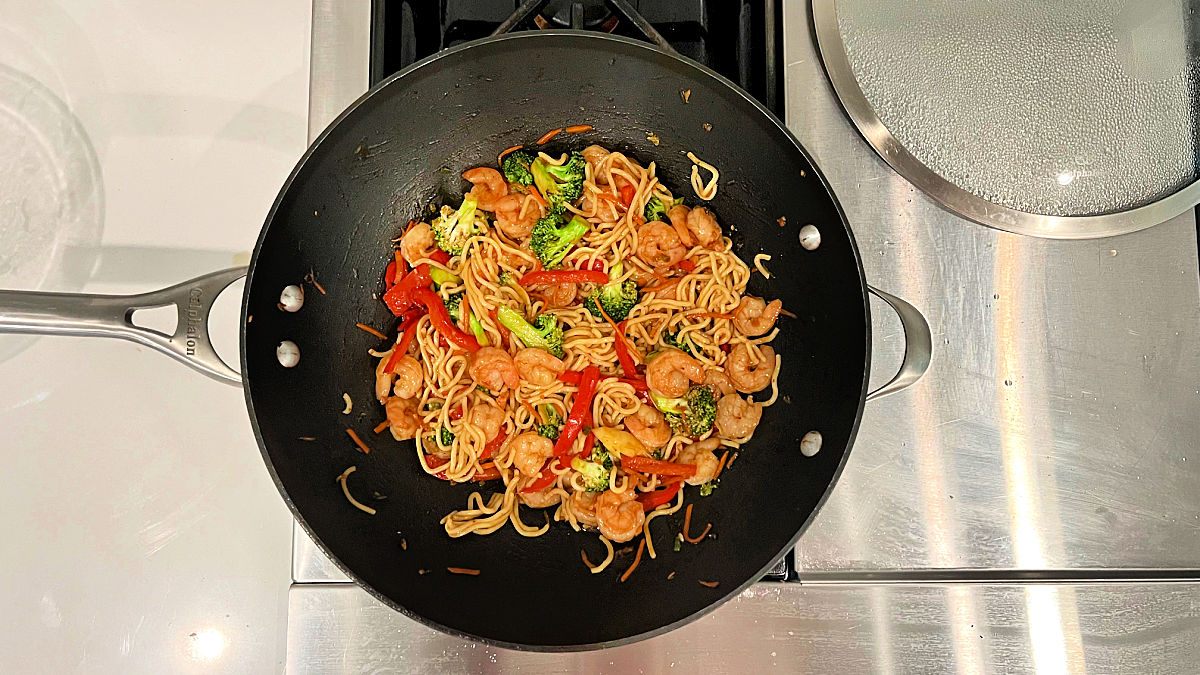 Overhead of Shrimp Stir Fry with Noodles in a wok.