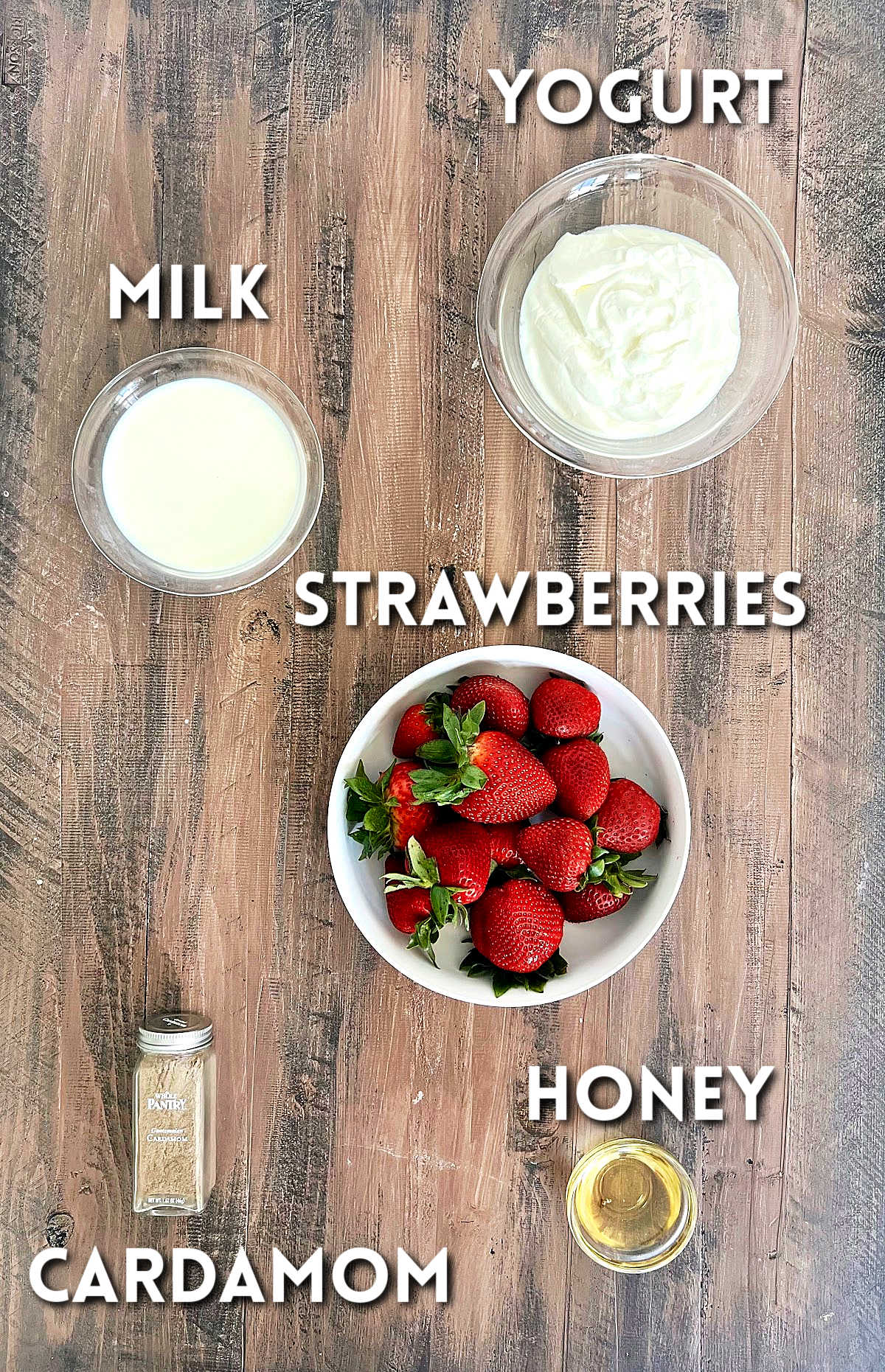 Ingredients for strawberry lassi.
