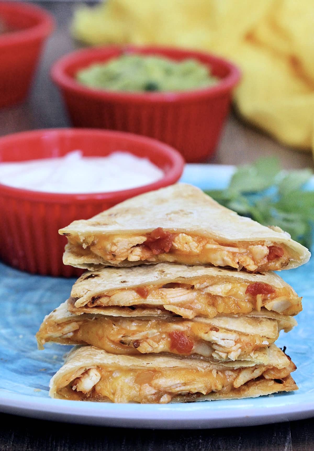 air fryer quesadillas stacked on plate