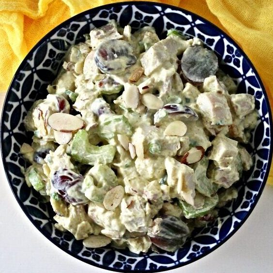 Curried Chicken Salad in a bowl overhead