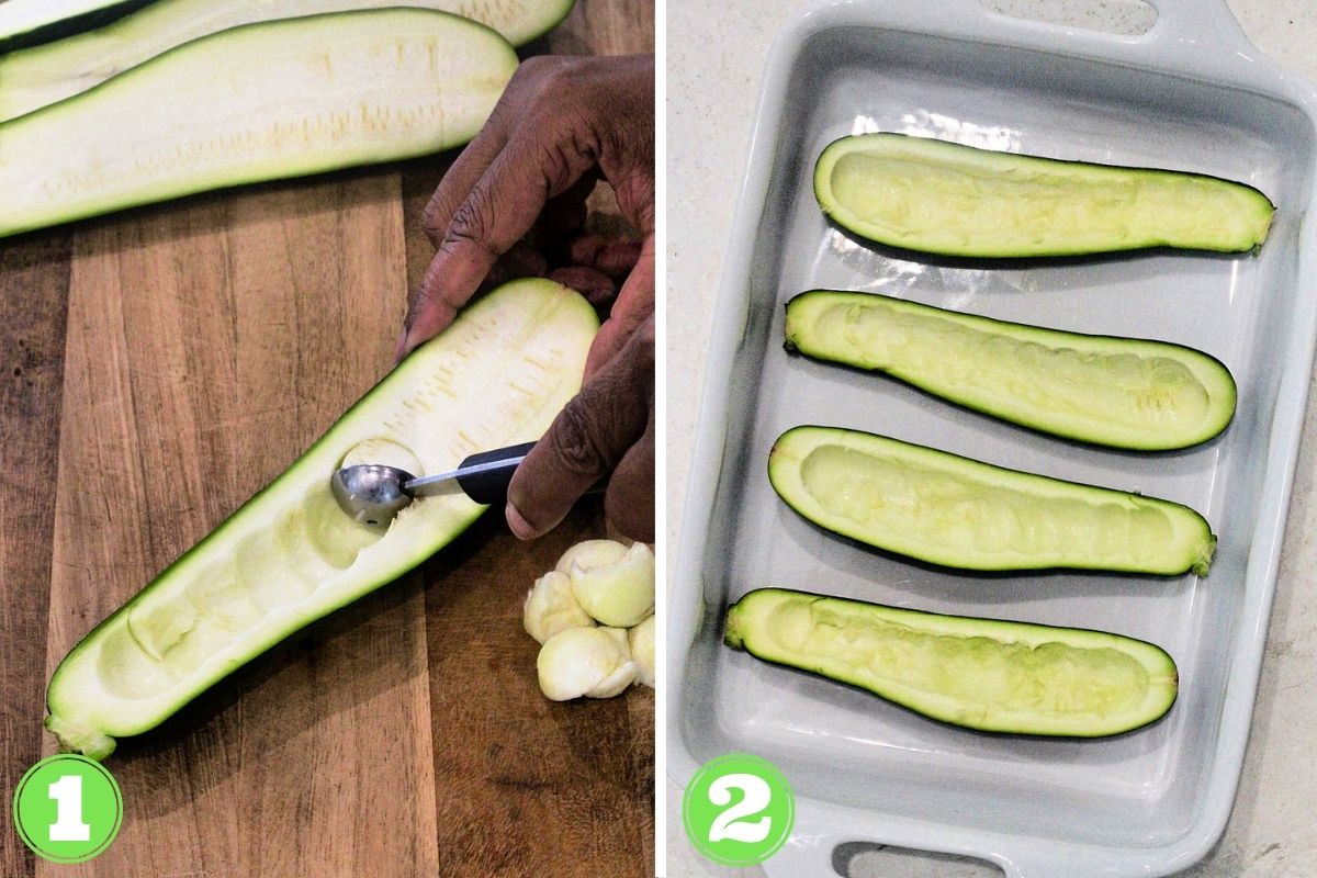 collage of steps 1 and 2 for making zucchini boats.