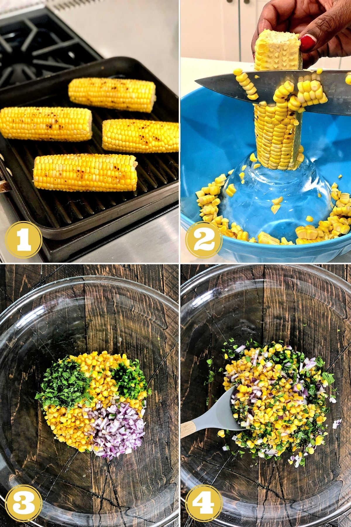 Collage of steps 1-4 for making Chipotle corn salsa.