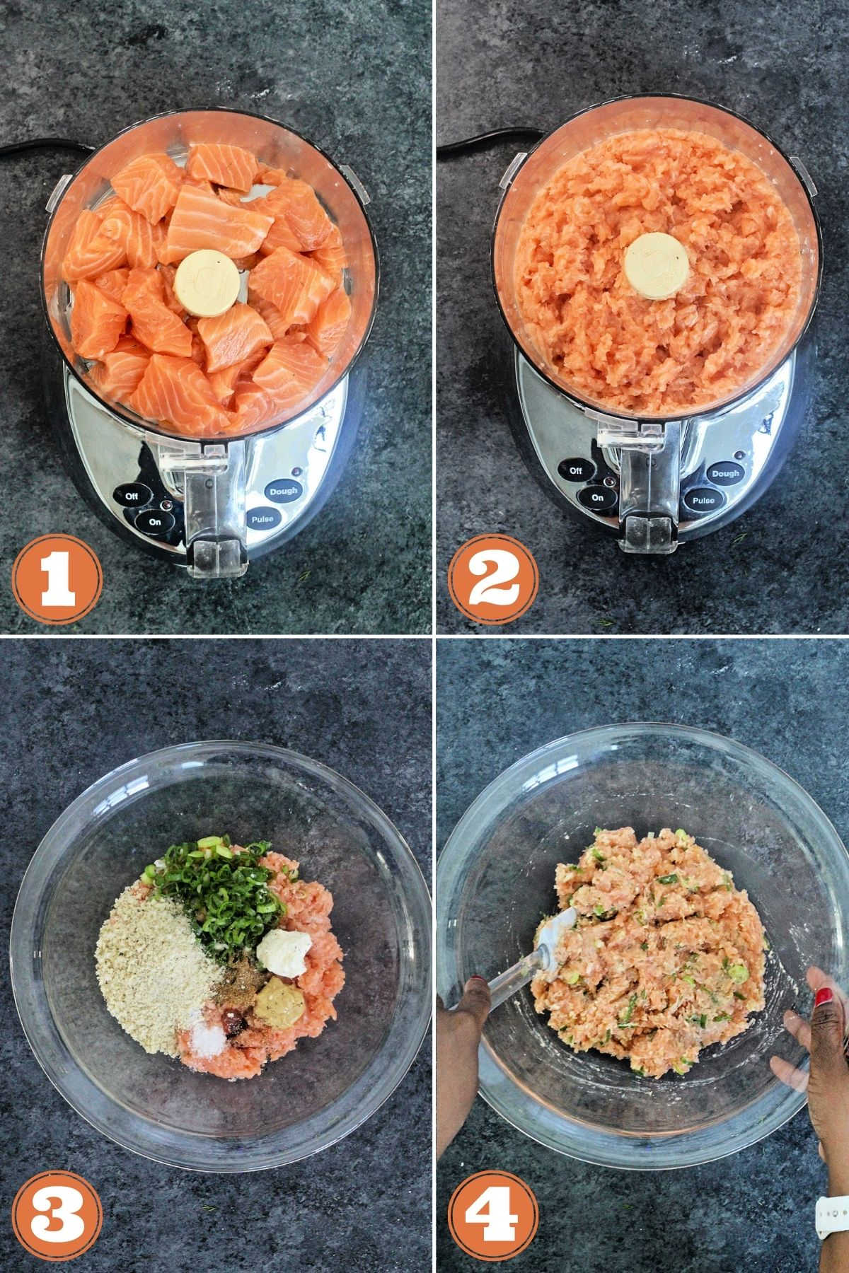 Collage of steps 1-4 for making grilled salmon burgers.