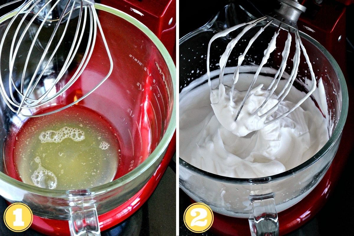 Aquafaba being whipped in a stand mixer.