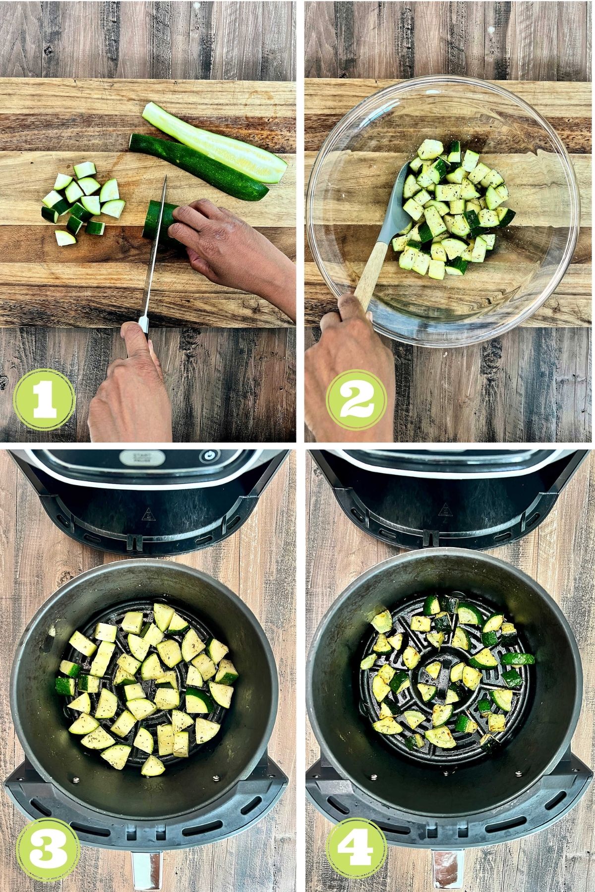 Collage of steps 1-4 for how to make air fryer zucchini.