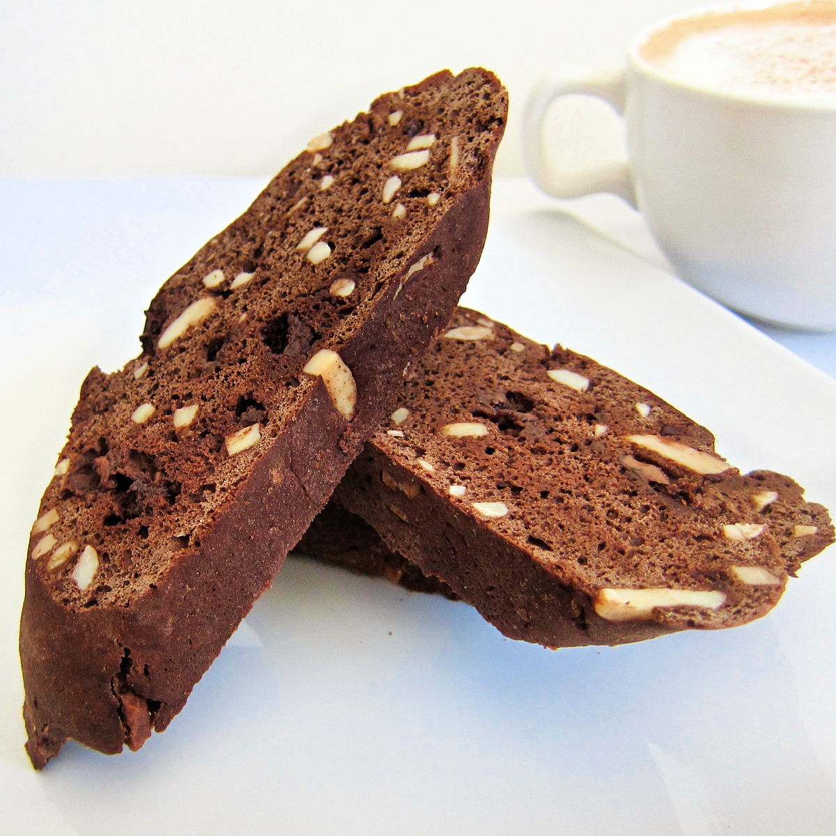 Two pieces of chocolate biscotti on a white plate. 