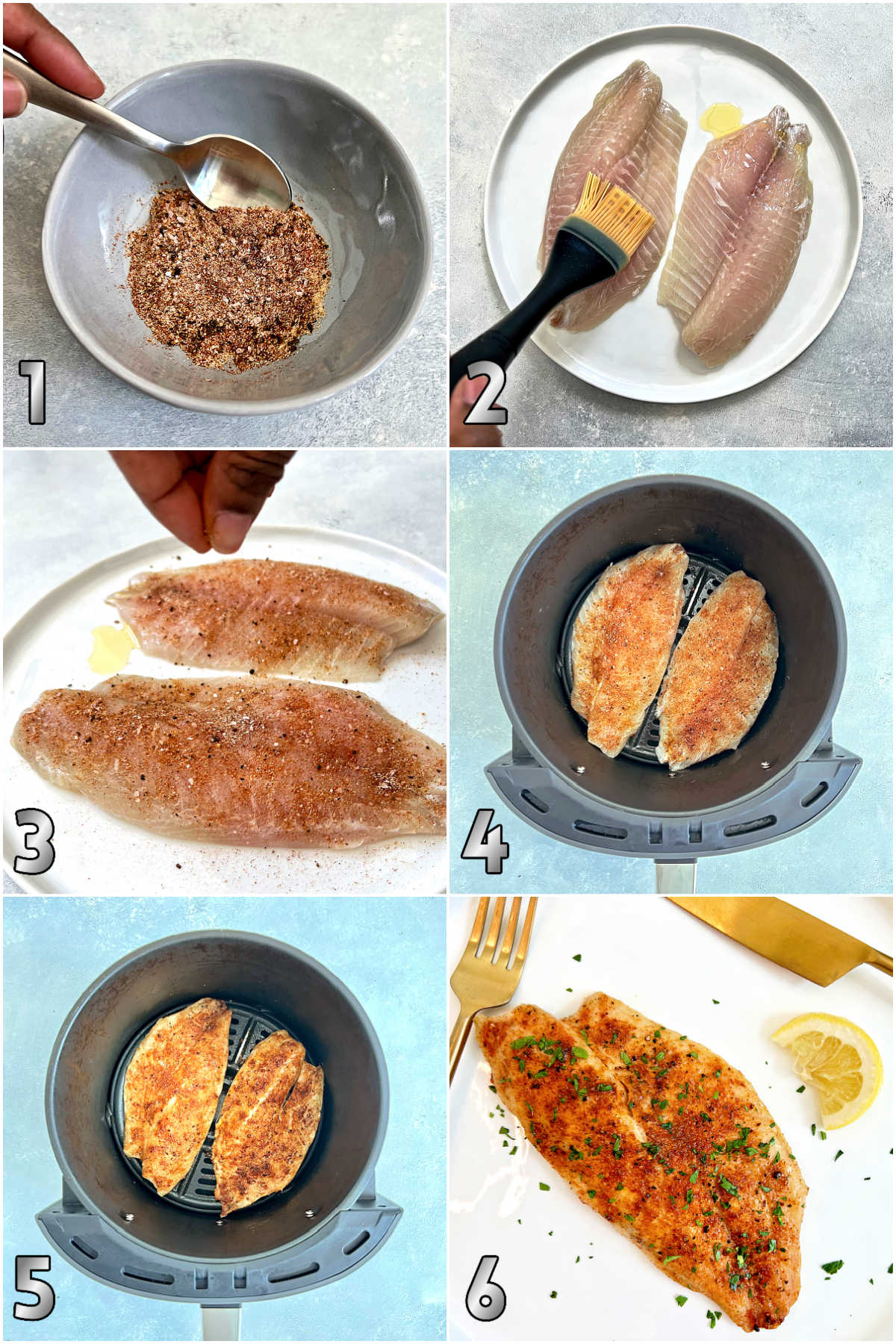Collage of steps 1-6 how to make air fryer tilapia.
