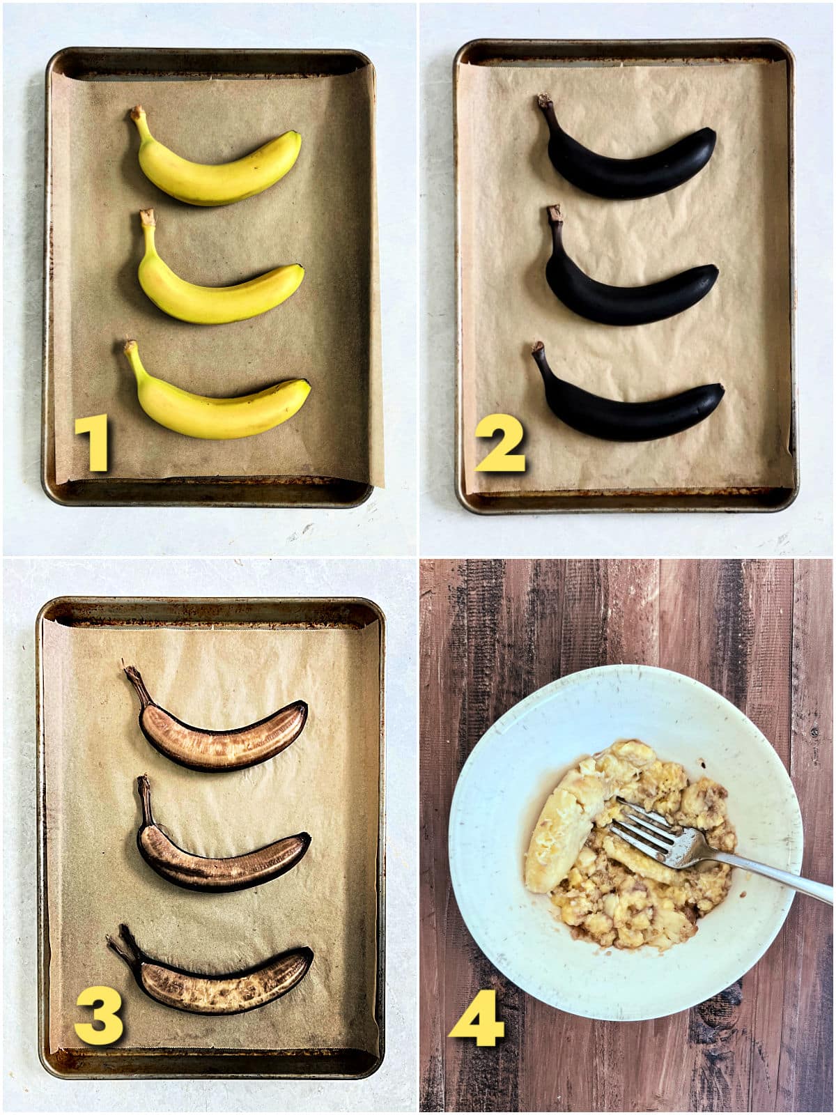 Collage of steps 1-4 how to ripen bananas in the oven.