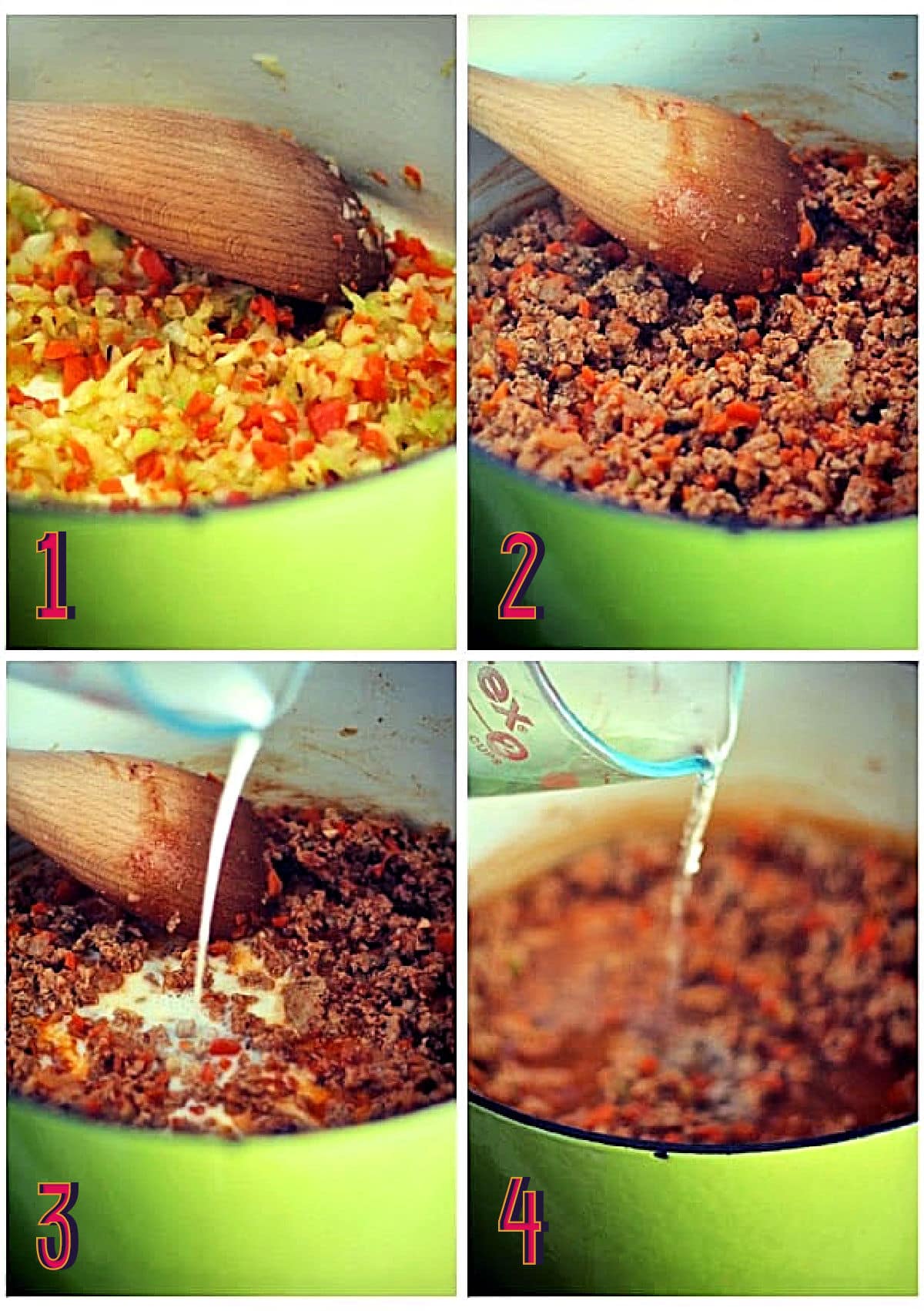 Collage of steps 1-4 how to make turkey bolognese sauce.