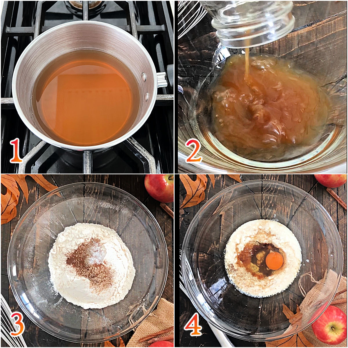 Collage of steps 1-4 of how to make baked apple cider donuts. 