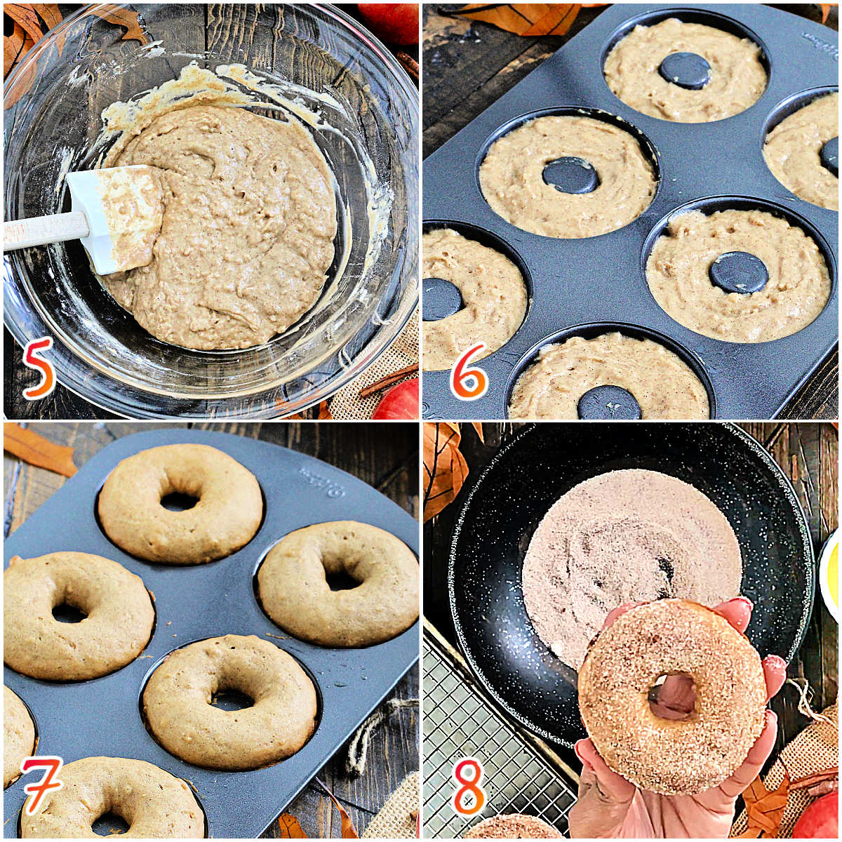 Collage of steps 5-8 of how to make baked apple cider donuts. 