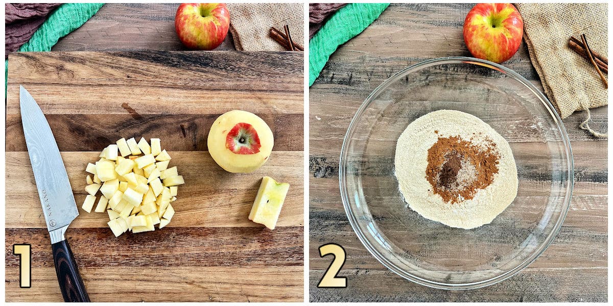 Steps 1 and 2 of how to make spiced apple muffins.