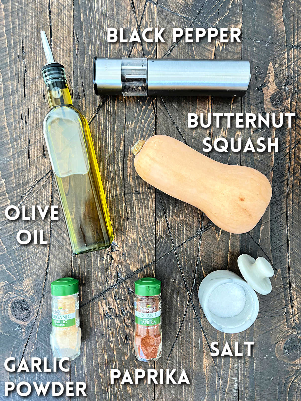 Ingredients for air fryer butternut squash on a wooden board.