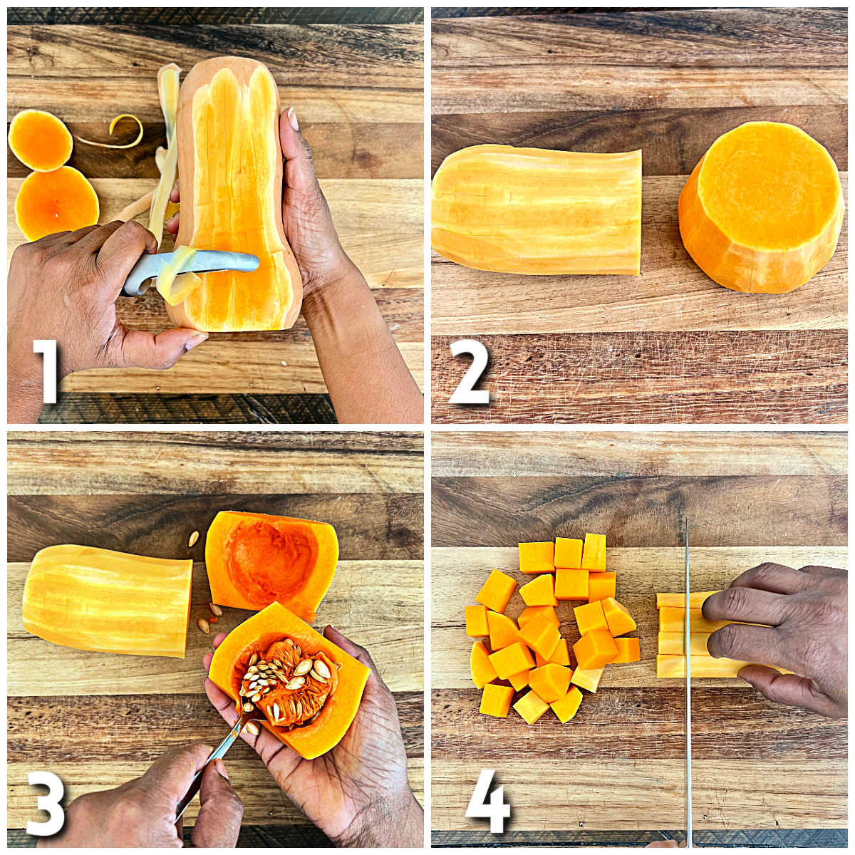 Collage of steps 1-4 how to cut up a butternut squash.