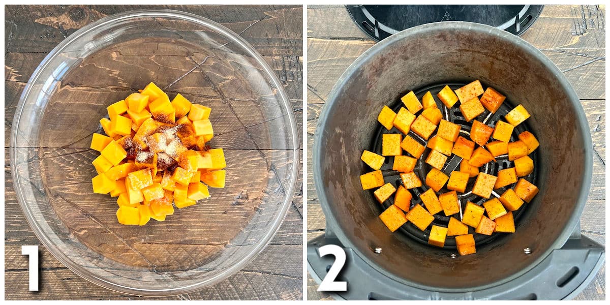 Steps of how to cook butternut squash in an air fryer.