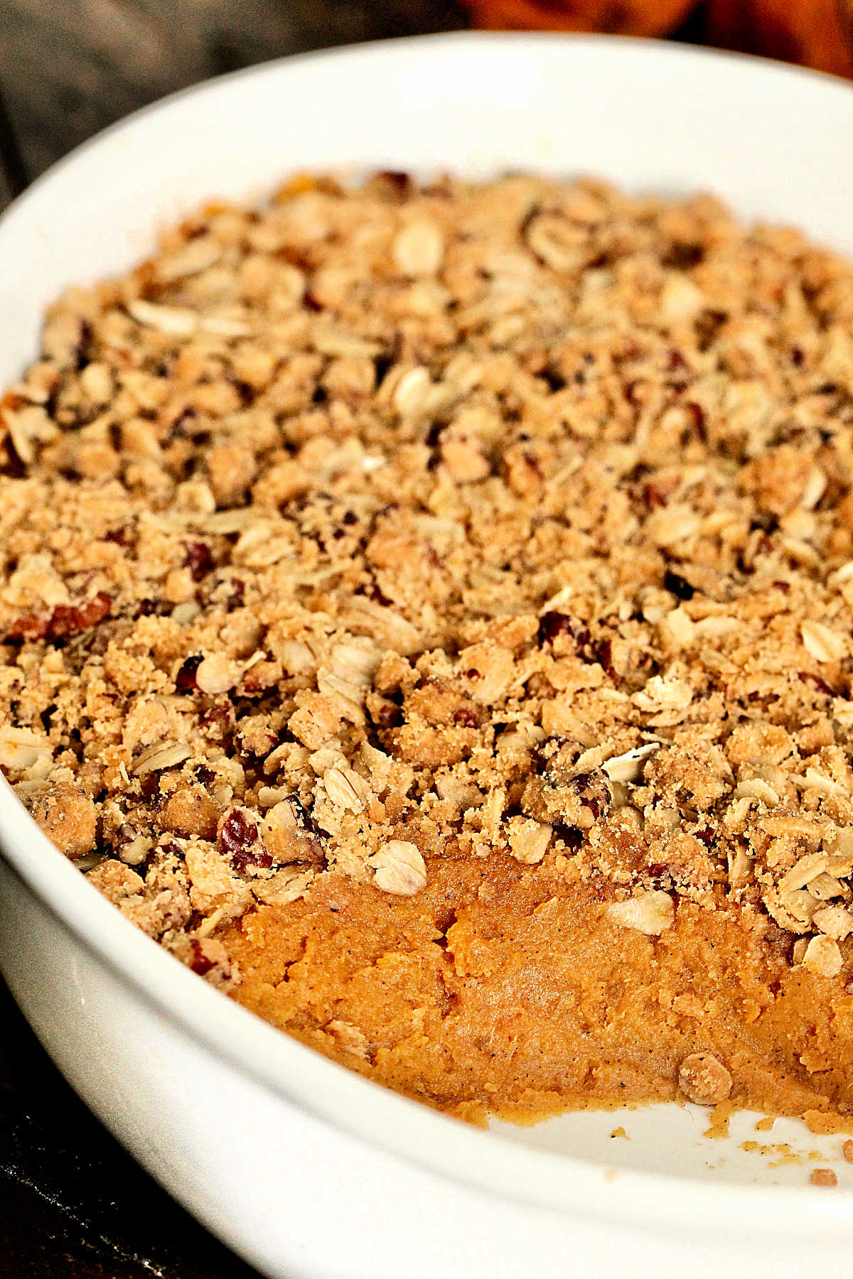 Healthy Sweet Potato Casserole with a scoop taken out.